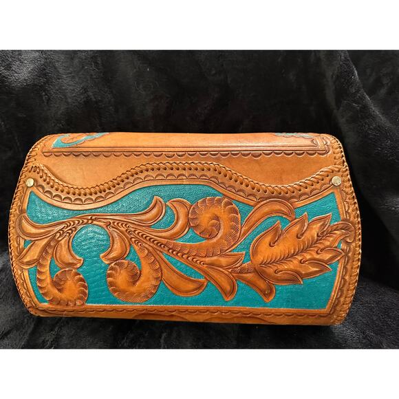 VINTAGE UNIQUE TURQUOISE LARGE WESTERN TOOLED LEATHER BAG! - Picture 2 of 11